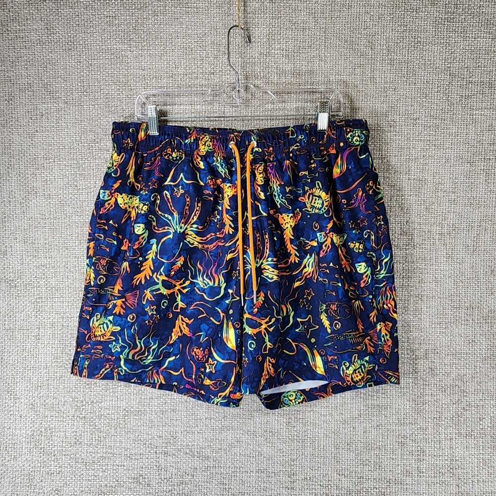 Lands End Elastic Waist Swim Shorts Mens L (36-38) Navy Sea Creatures Lined EUC